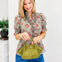 Strip Floral Short Puff Sleeve Top With Ruffle Neckline