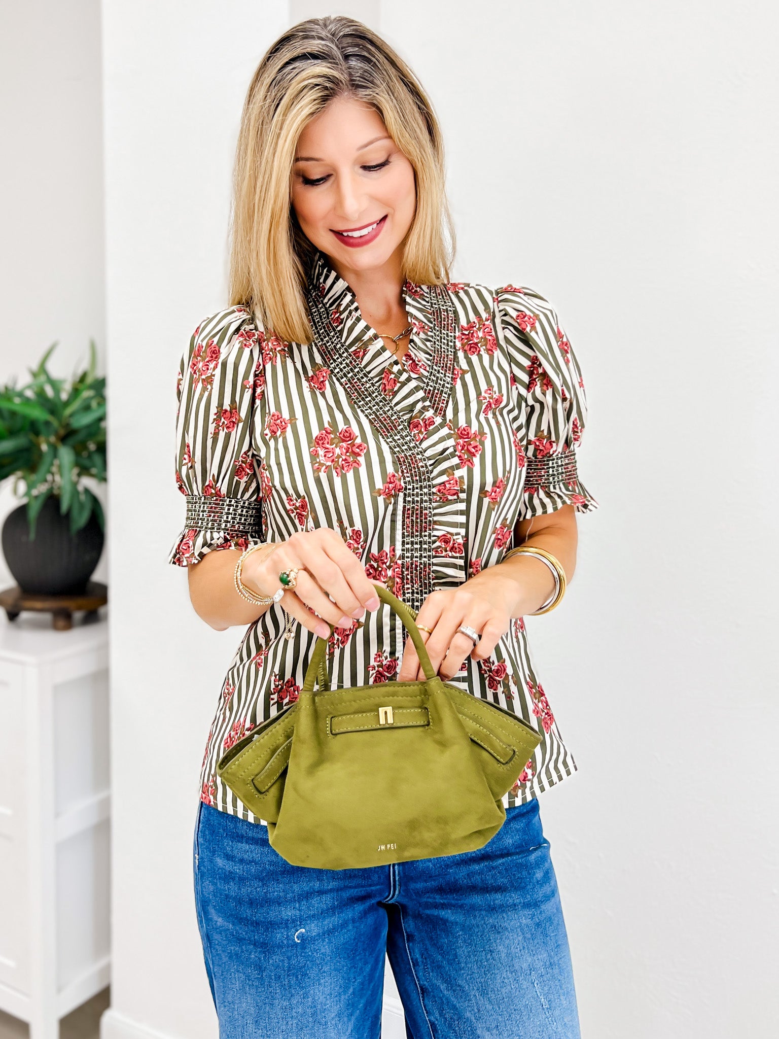 Strip Floral Short Puff Sleeve Top With Ruffle Neckline