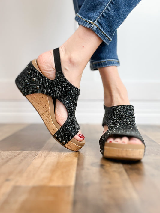 Corkys Ashley Wedge Sandals in Black Rhinestones