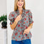 Strip Floral Short Puff Sleeve Top With Ruffle Neckline