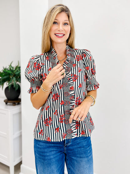 Strip Floral Short Puff Sleeve Top With Ruffle Neckline