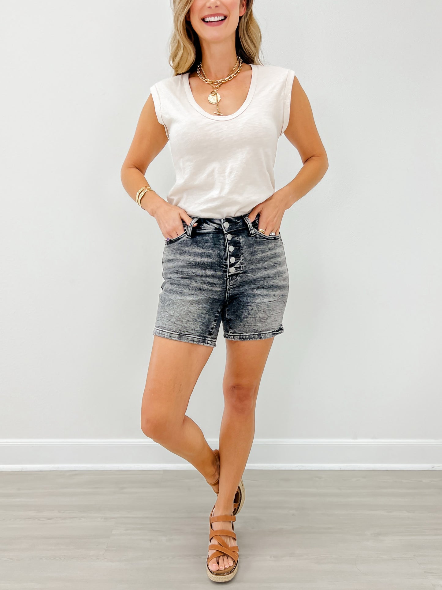 Judy Blue Hi-Rise Button Fly Cuffed Grey Denim Shorts