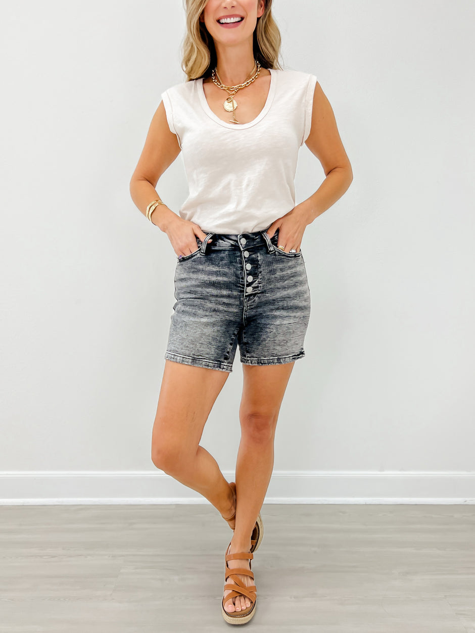 Judy Blue Hi-Rise Button Fly Cuffed Grey Denim Shorts