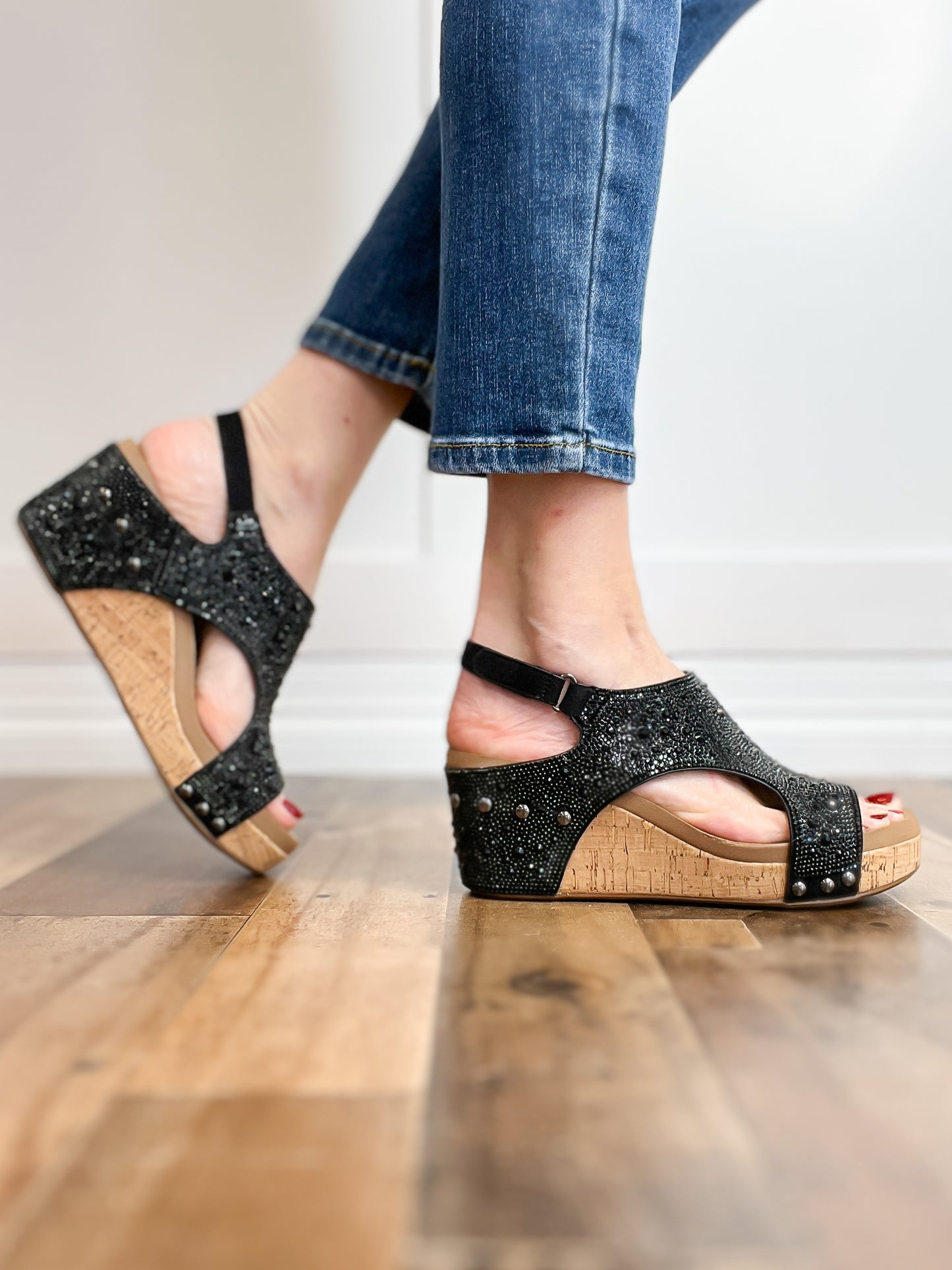 Corkys Ashley Wedge Sandals in Black Rhinestones