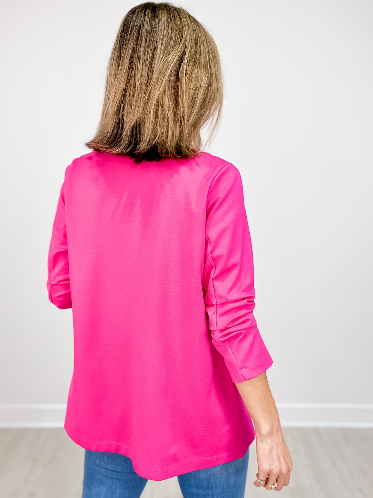 Magic 3/4 Length Ruching Sleeve Blazer in PINK SAPPHIRE