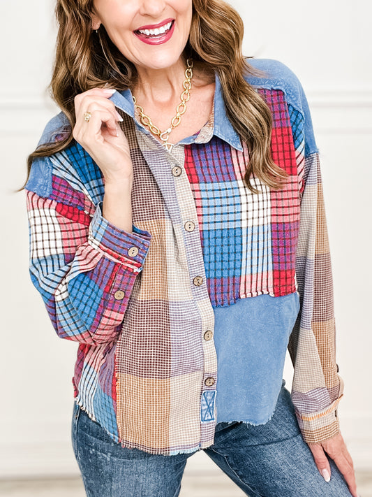 Washed Plaid Mix Button Down Collared Top