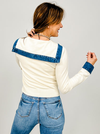 Denim Contrast Front Button Cardigan Sweater