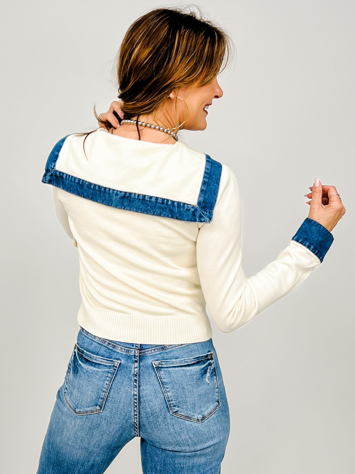 Denim Contrast Front Button Cardigan Sweater