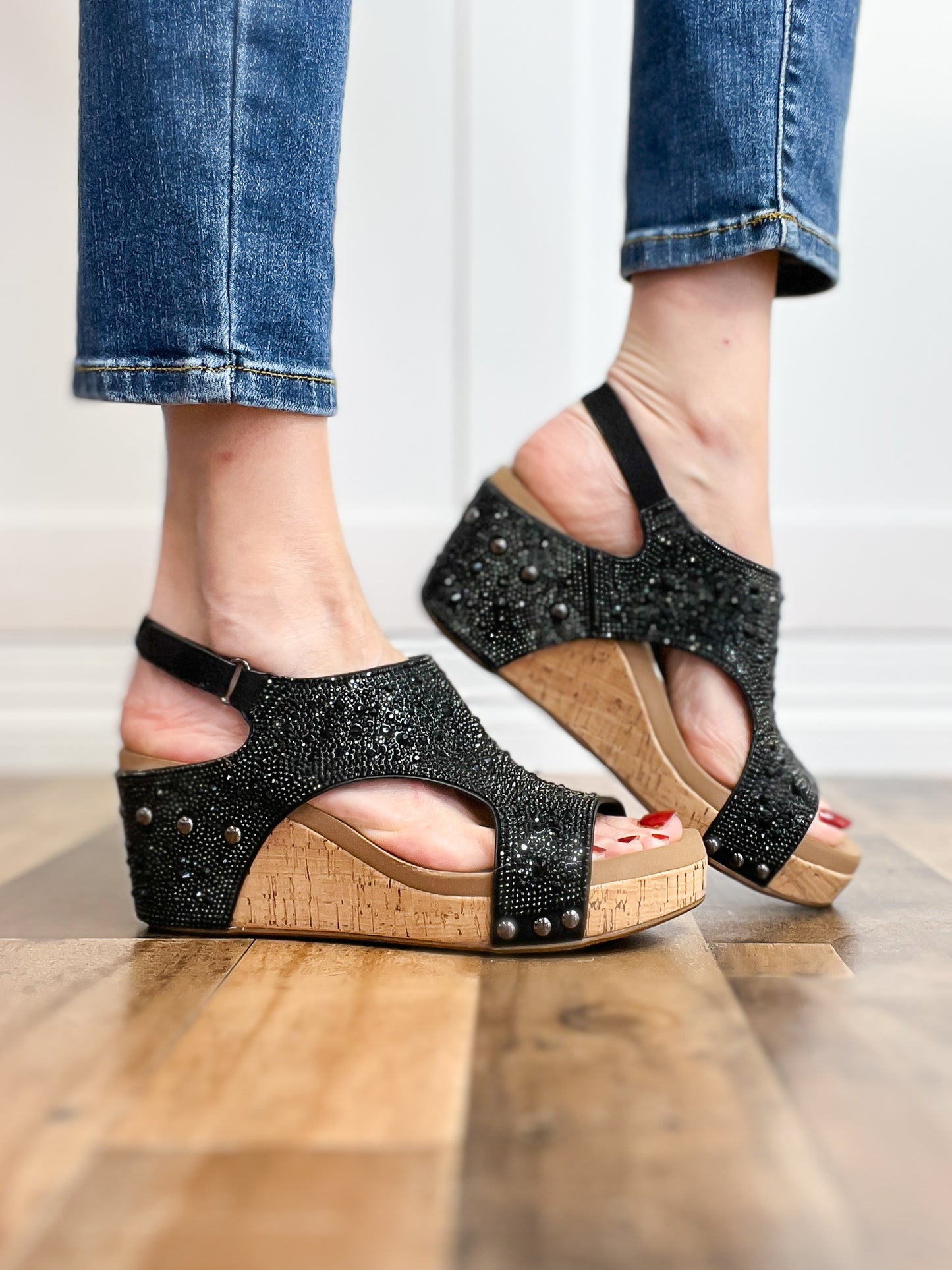 Corkys Ashley Wedge Sandals in Black Rhinestones