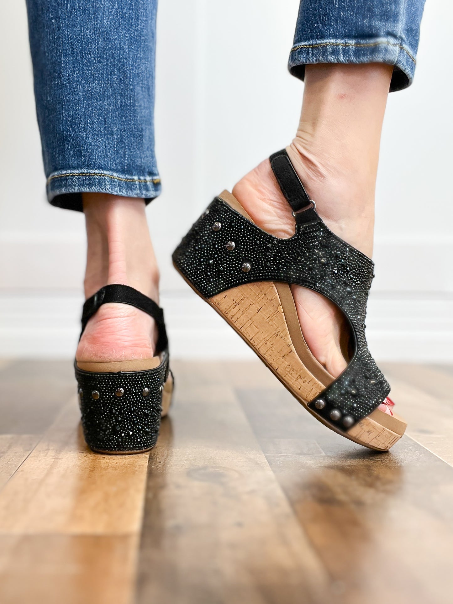 Corkys Ashley Wedge Sandals in Black Rhinestones