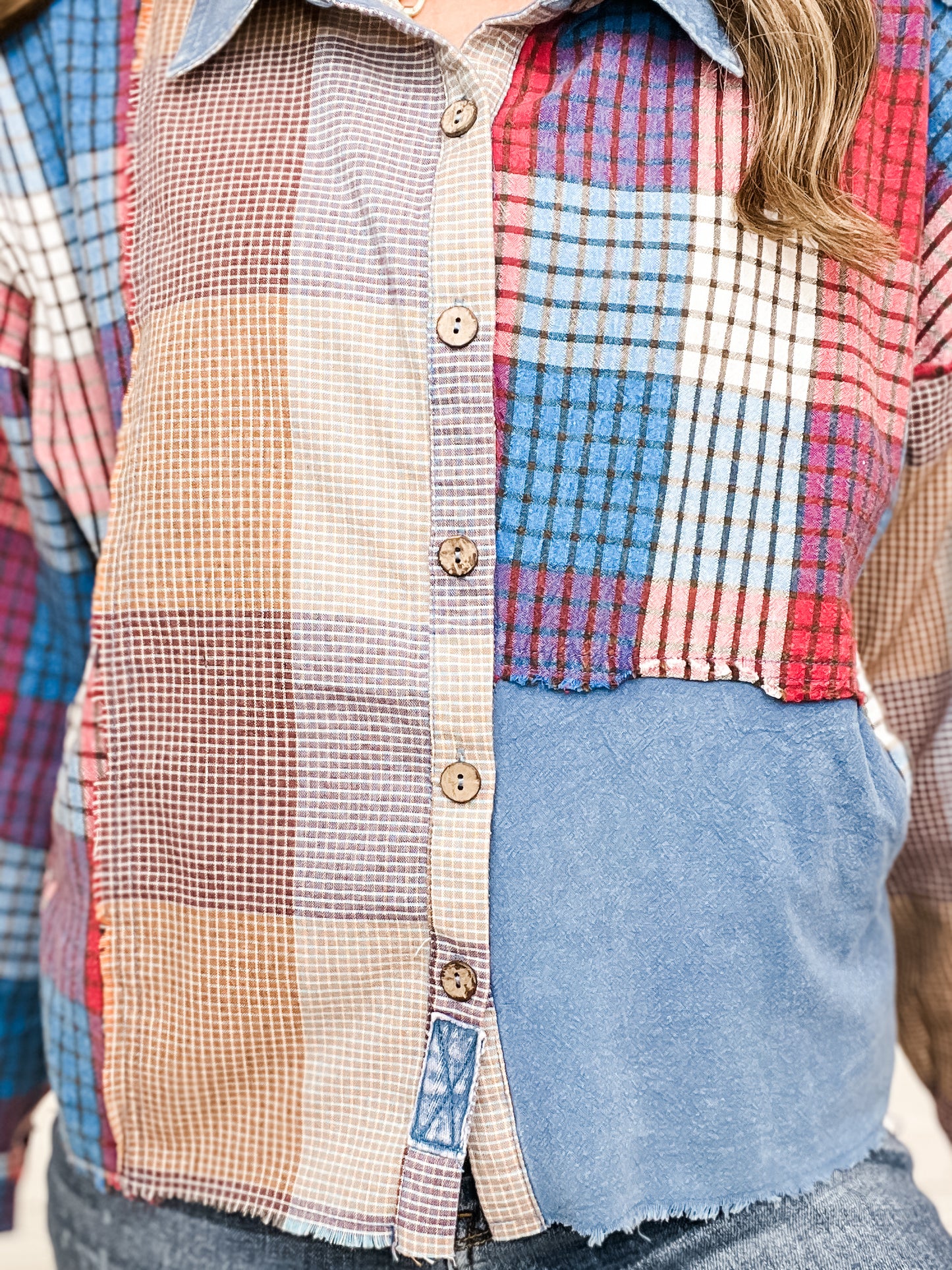 Washed Plaid Mix Button Down Collared Top