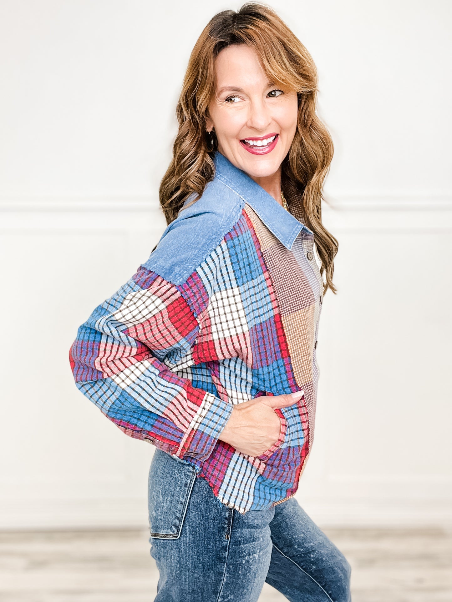 Washed Plaid Mix Button Down Collared Top