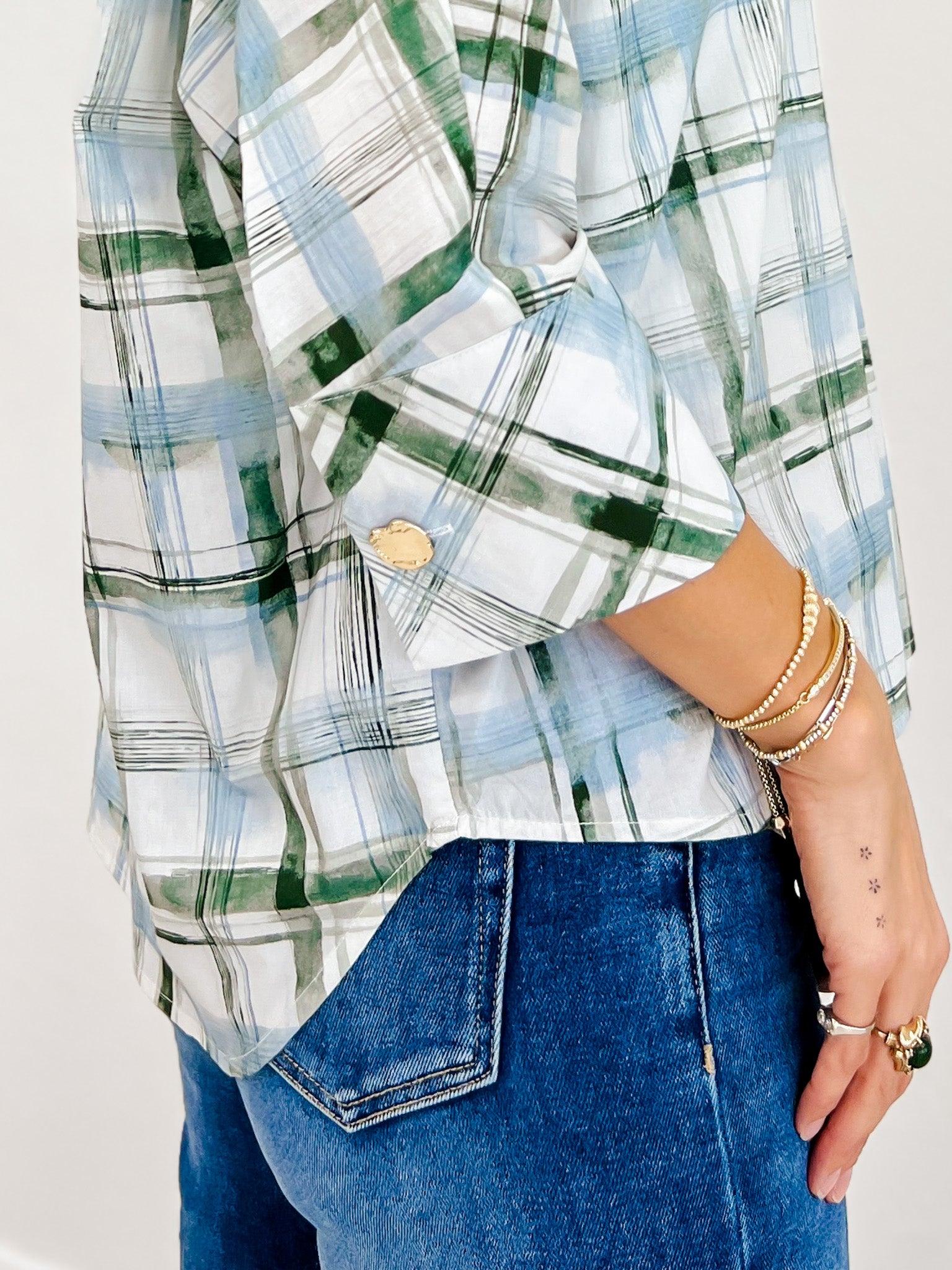 Plaid Half Sleeve Top With High Neckline A Partial Button Detail