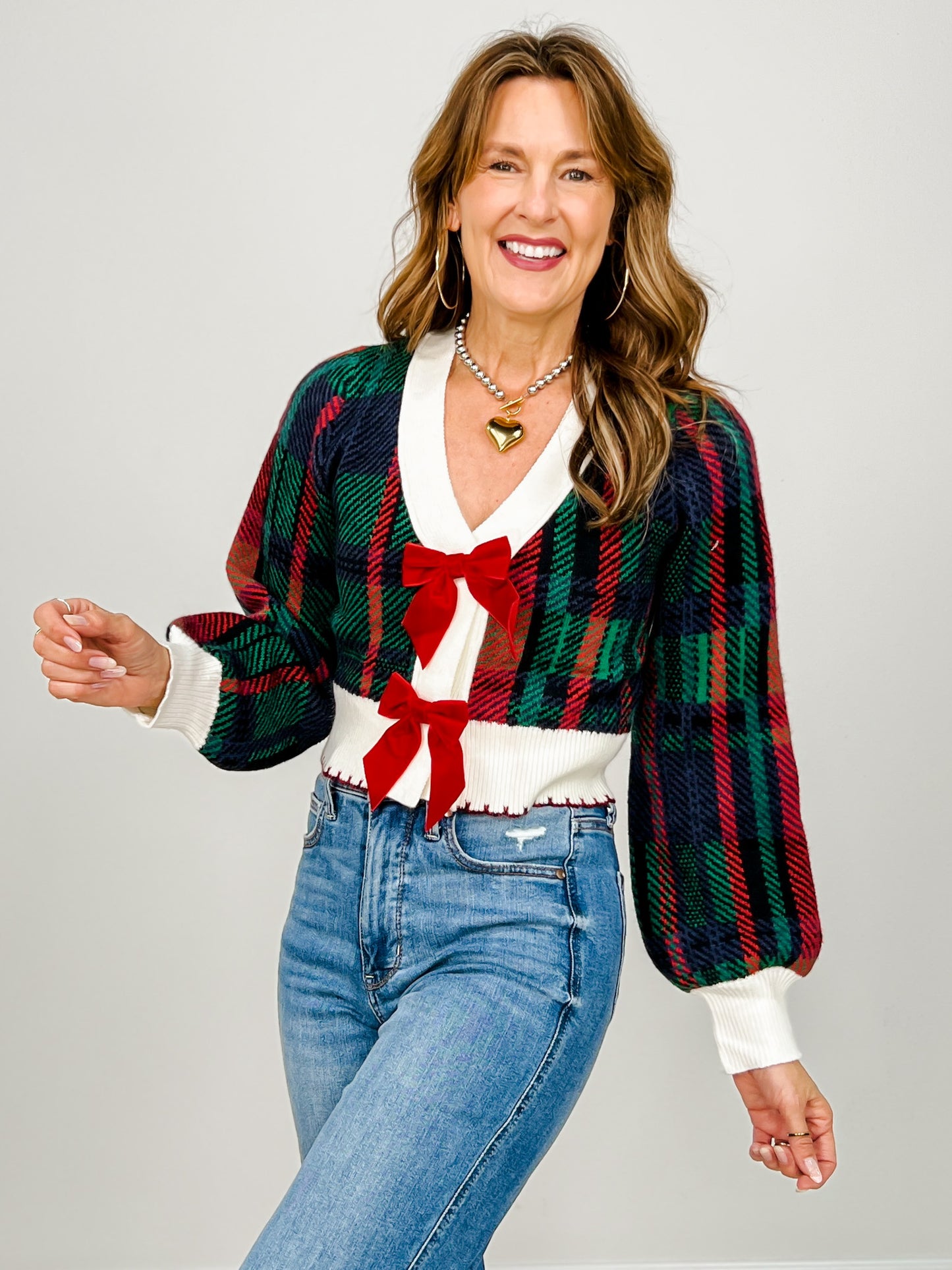 Velvet Bow Ribbon Embellished Christmas Cardigan