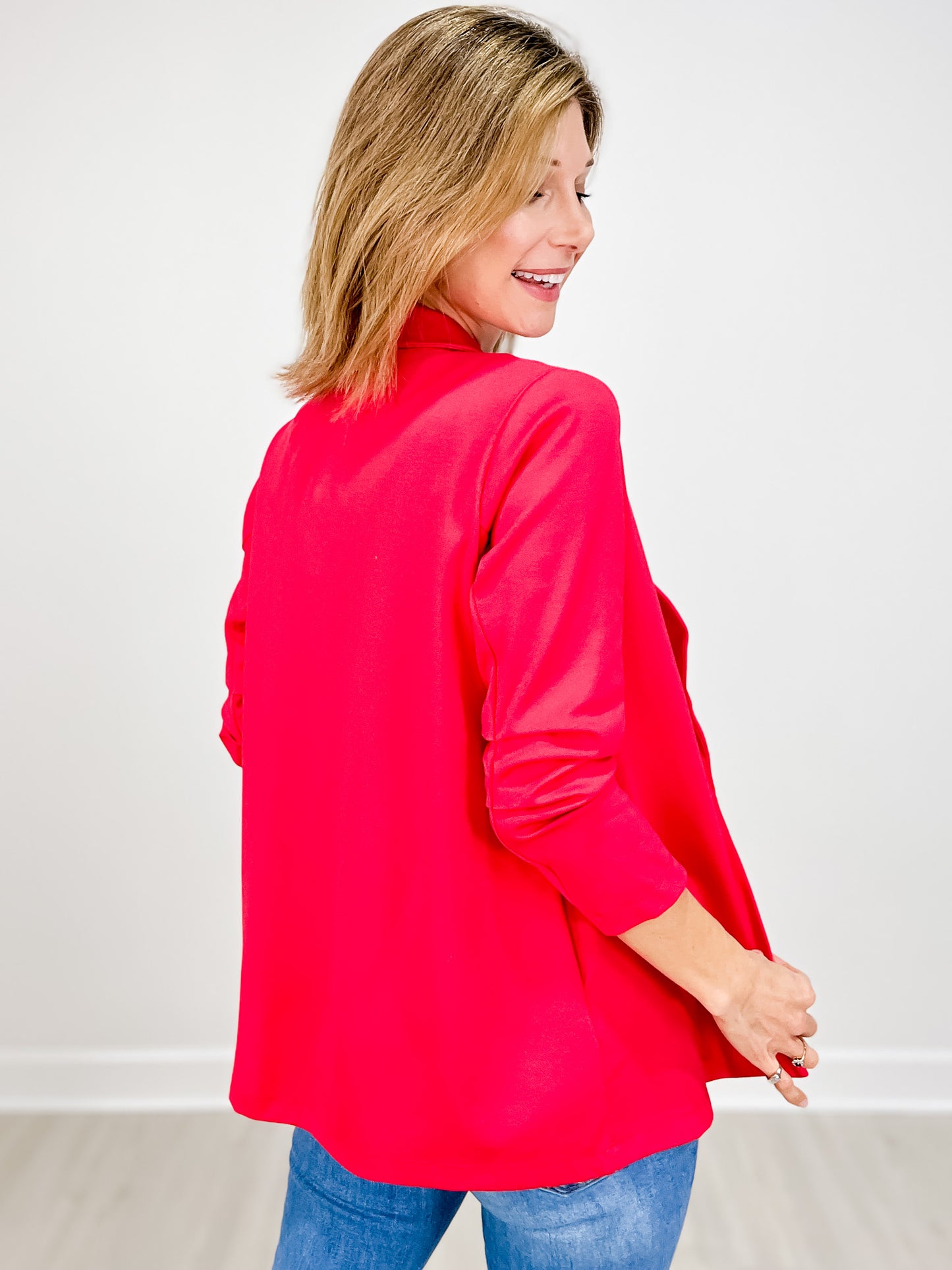 Magic 3/4 Length Ruching Sleeve Blazer in DRAGON FRUIT