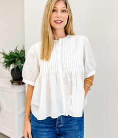 Cotton Pin-Tuck Puff Sleeve Blouse