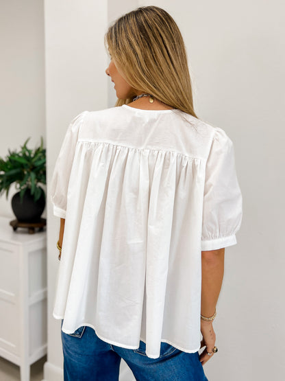 Cotton Pin-Tuck Puff Sleeve Blouse