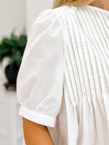 Cotton Pin-Tuck Puff Sleeve Blouse
