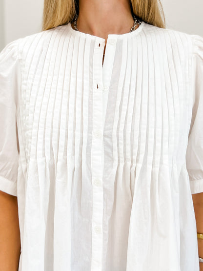 Cotton Pin-Tuck Puff Sleeve Blouse