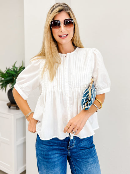 Cotton Pin-Tuck Puff Sleeve Blouse