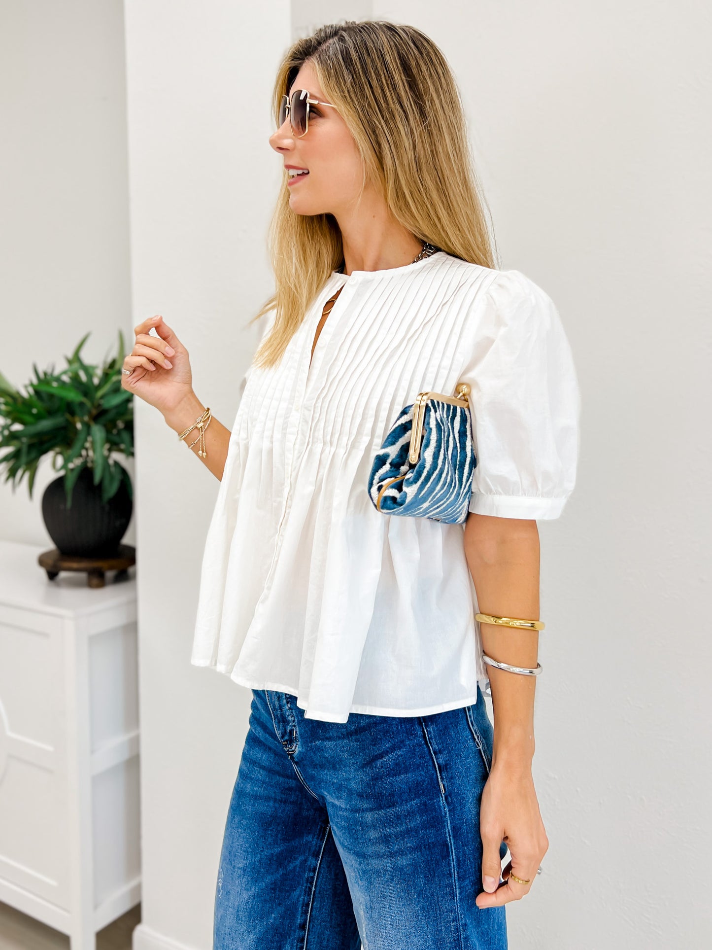 Cotton Pin-Tuck Puff Sleeve Blouse