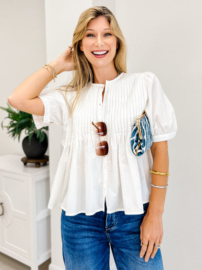 Cotton Pin-Tuck Puff Sleeve Blouse