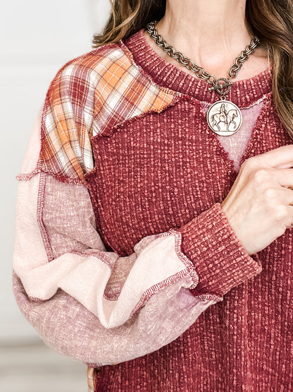 Washed Plaid Mix Long Sleeve Oversized Top