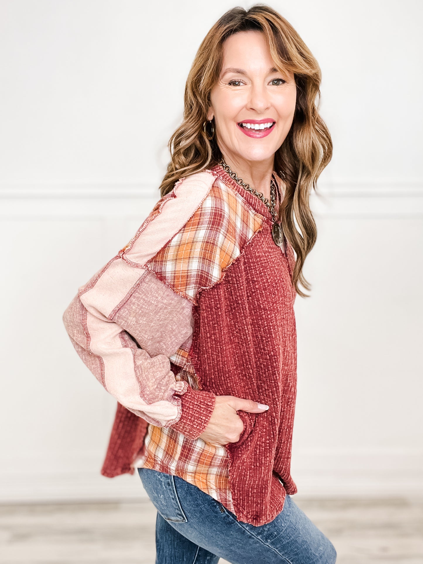 Washed Plaid Mix Long Sleeve Oversized Top