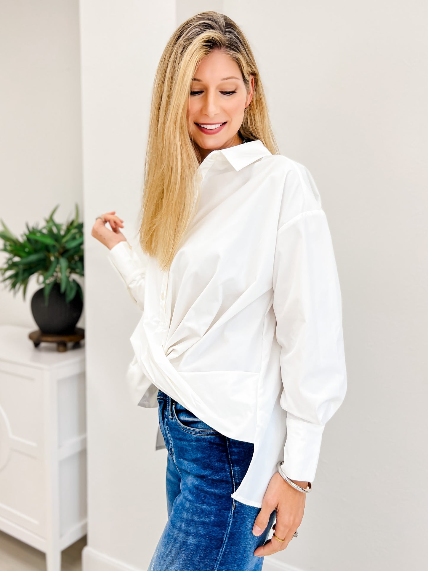 Poplin Roll-Up Long Sleeve Button Down Top