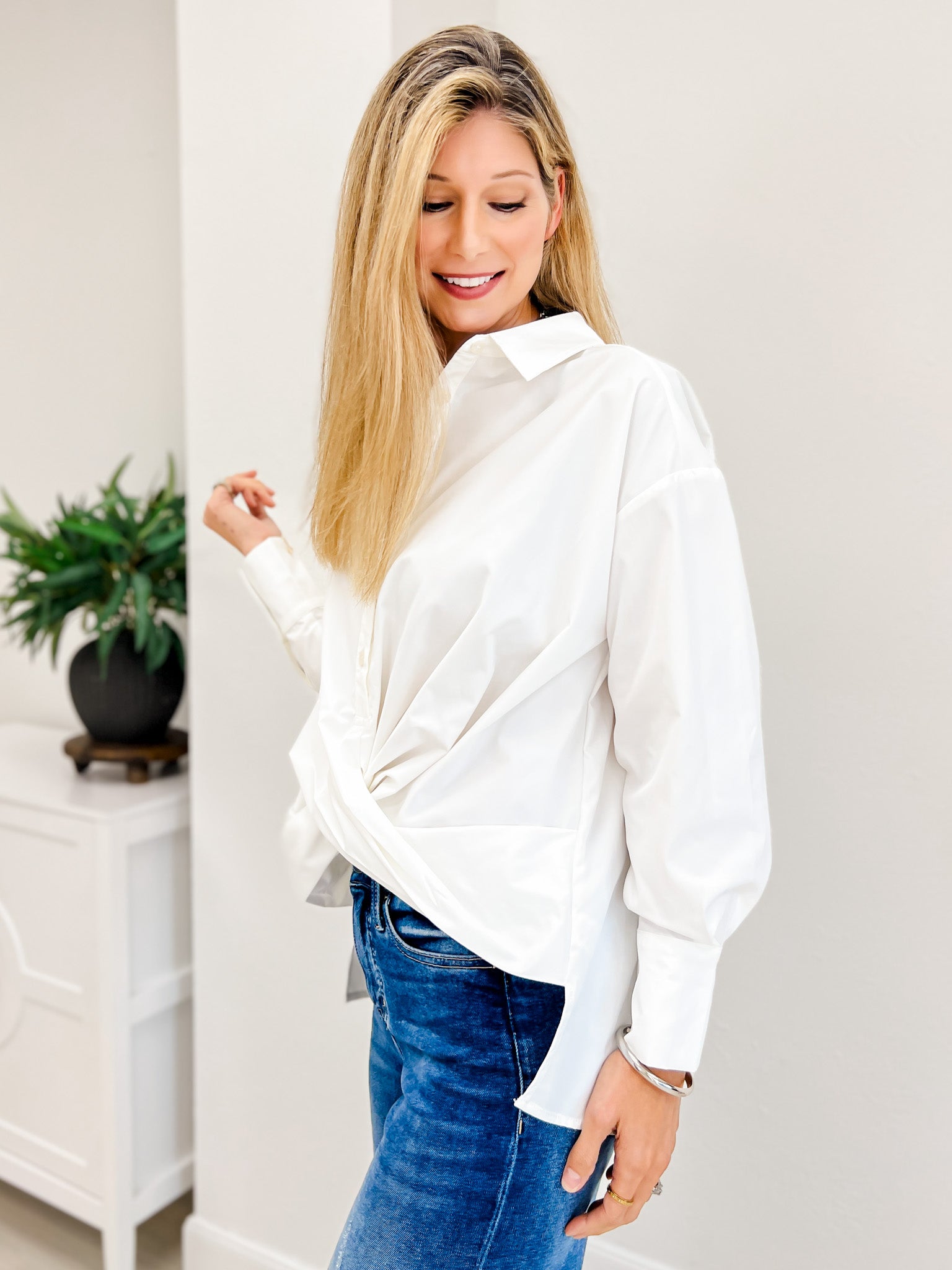 Poplin Roll-Up Long Sleeve Button Down Top