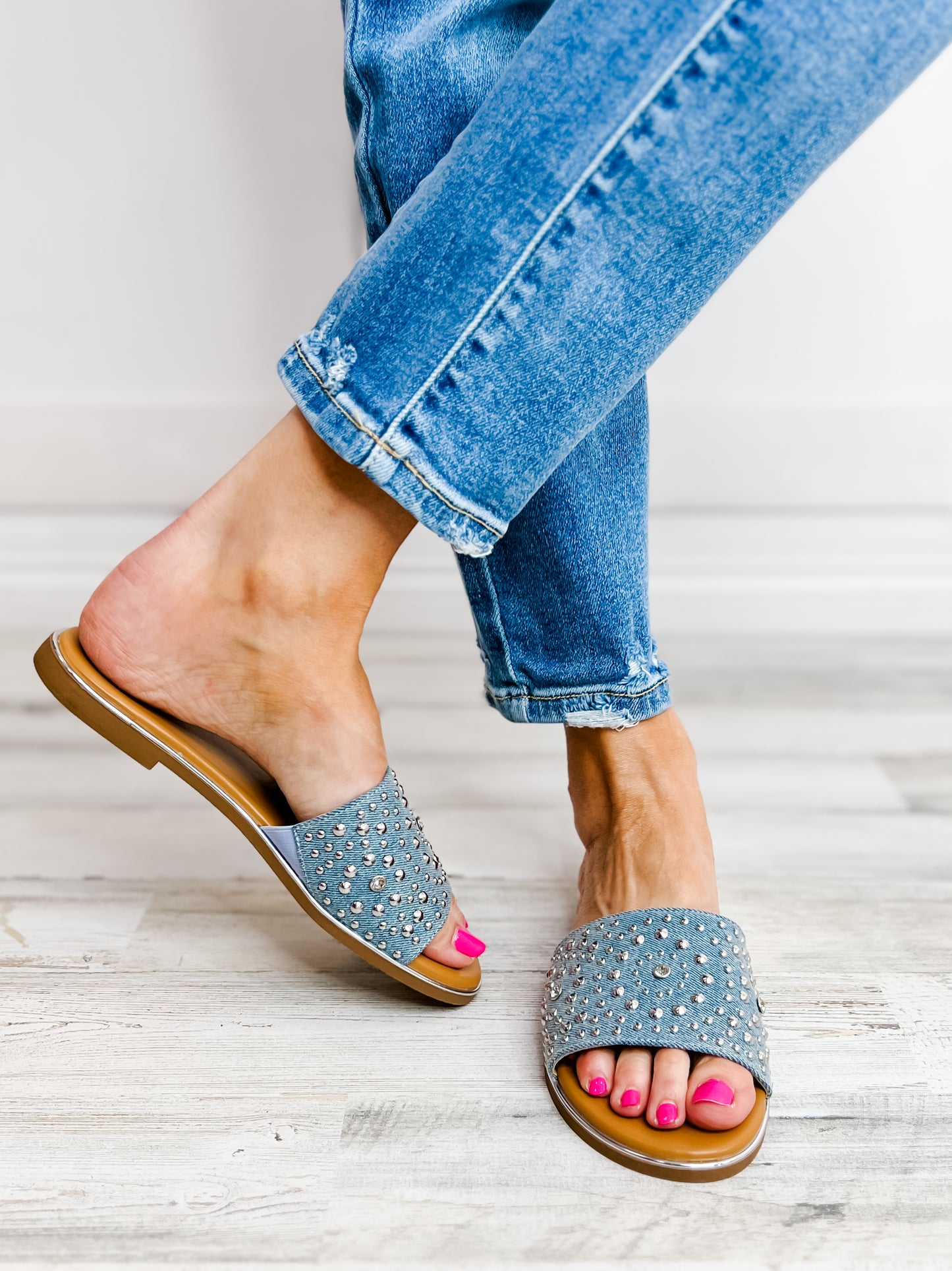 Corkys Bail Money Slip-On Slide Sandals in Blue Denim