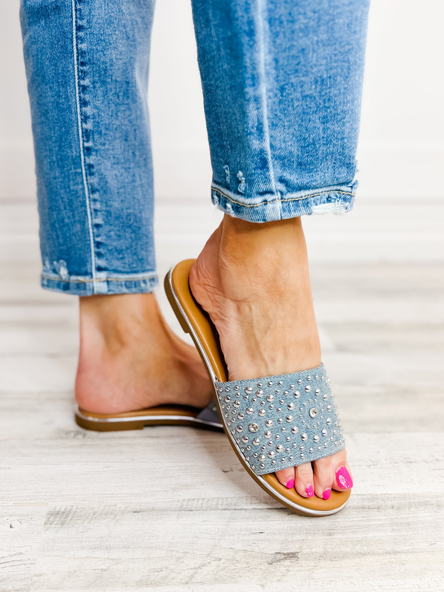 Corkys Bail Money Slip-On Slide Sandals in Blue Denim