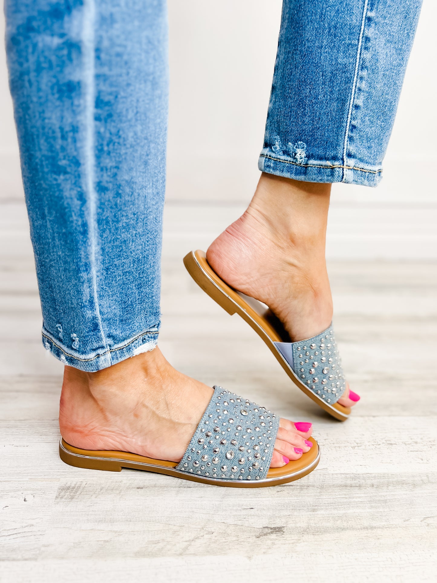 Corkys Bail Money Slip-On Slide Sandals in Blue Denim