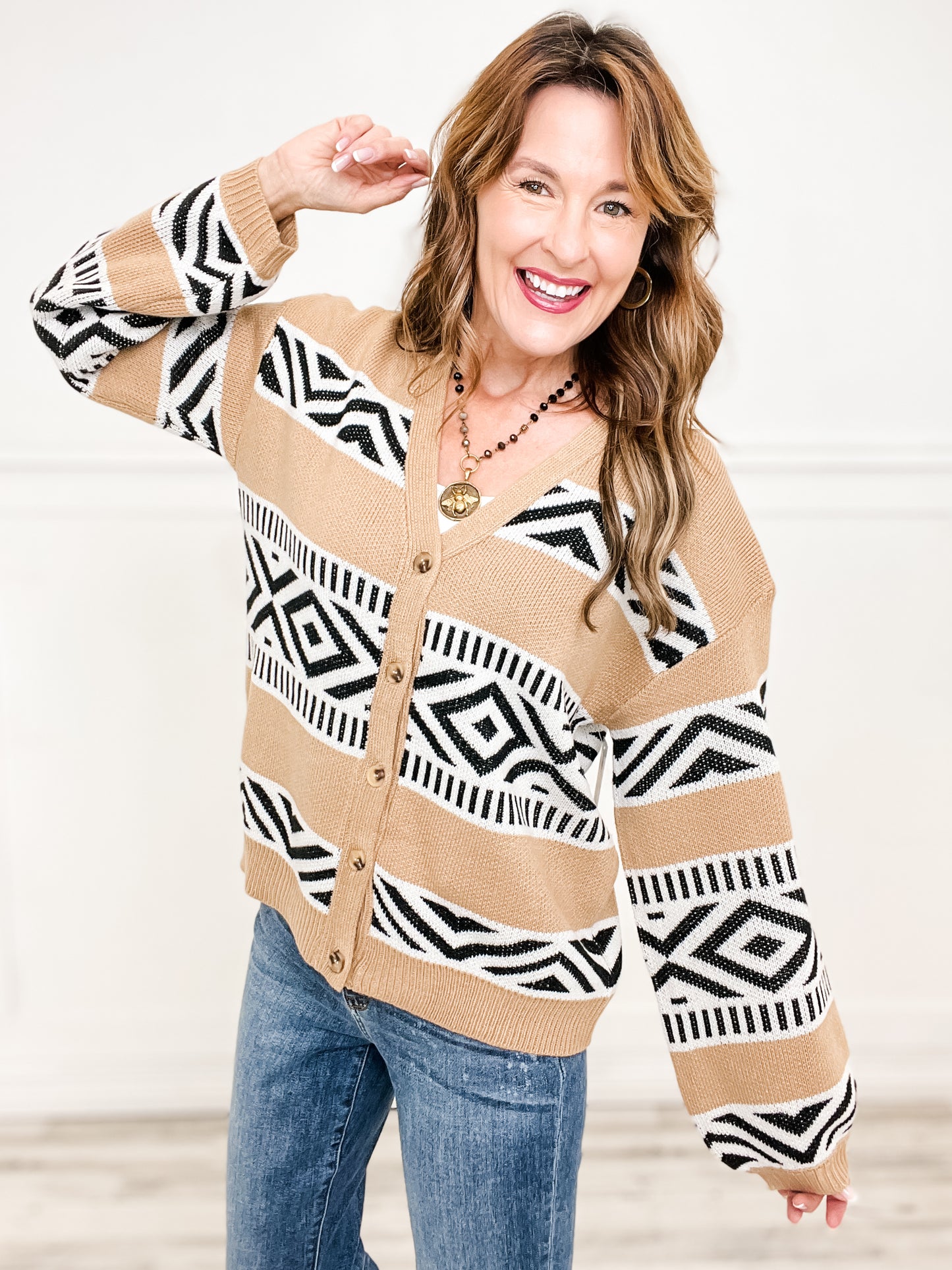 Geometric Design Open Front Cardigan Sweater