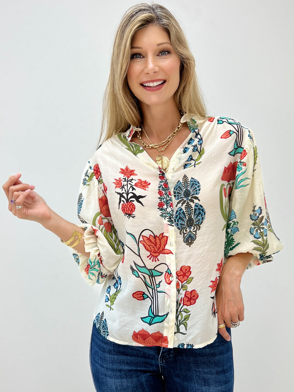 Printed Button Down Top with 3/4 Length Gathered Balloon Sleeves