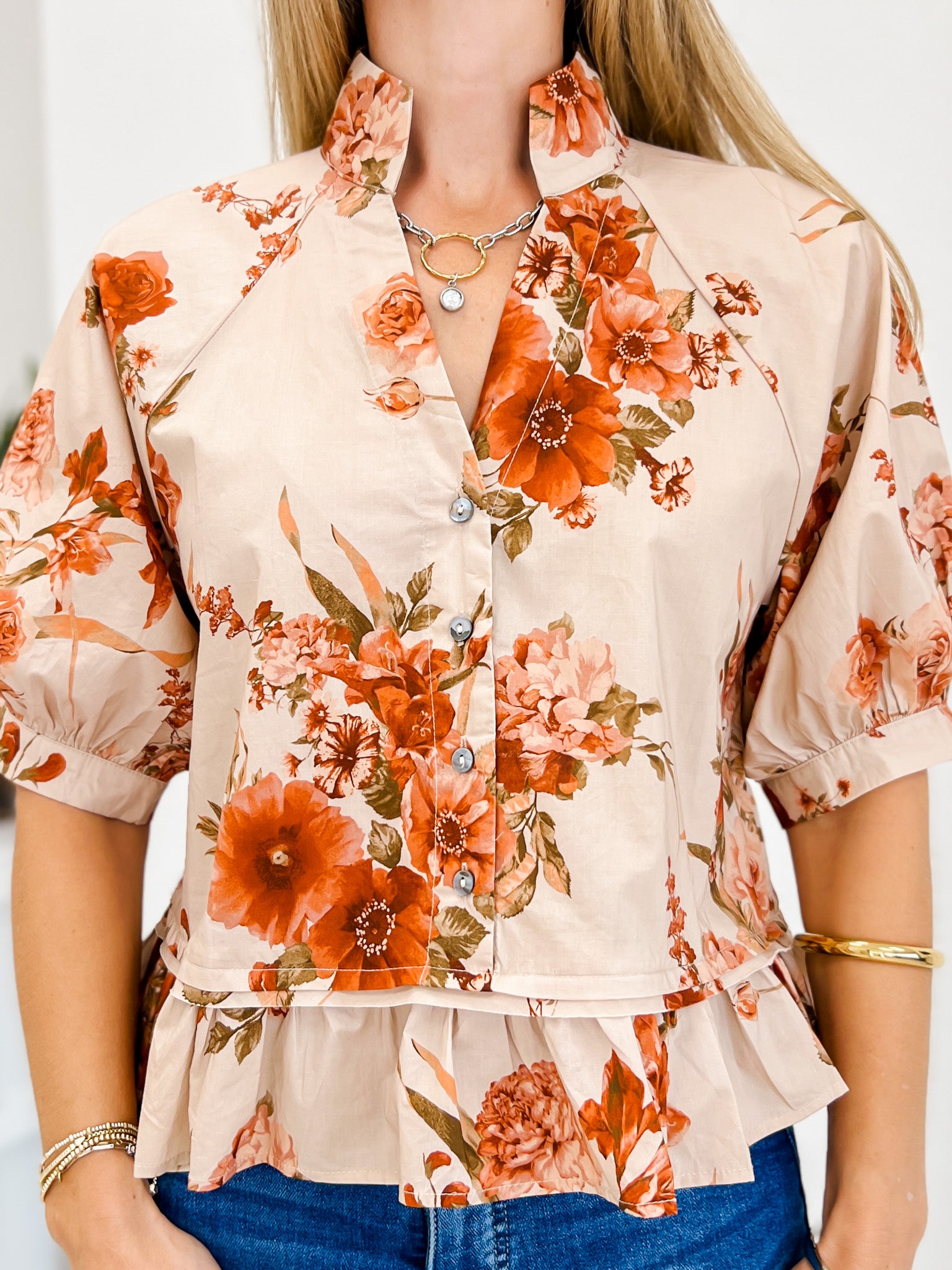 Floral Cropped Puffed Sleeve Top