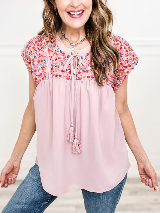 Babydoll Dolman Top with Embroidery Embellishments with Tassel Detail