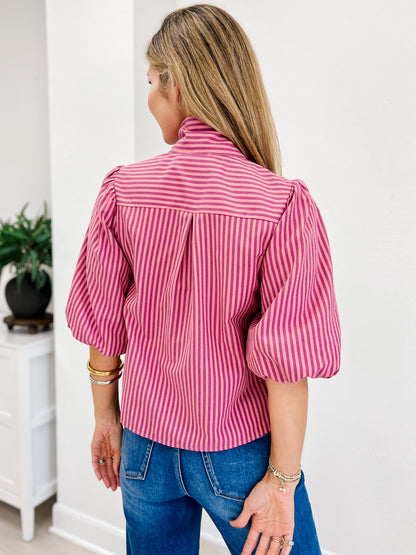 Stripe Self-Tie Neck Short Puff Sleeve Top
