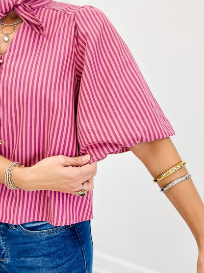 Stripe Self-Tie Neck Short Puff Sleeve Top