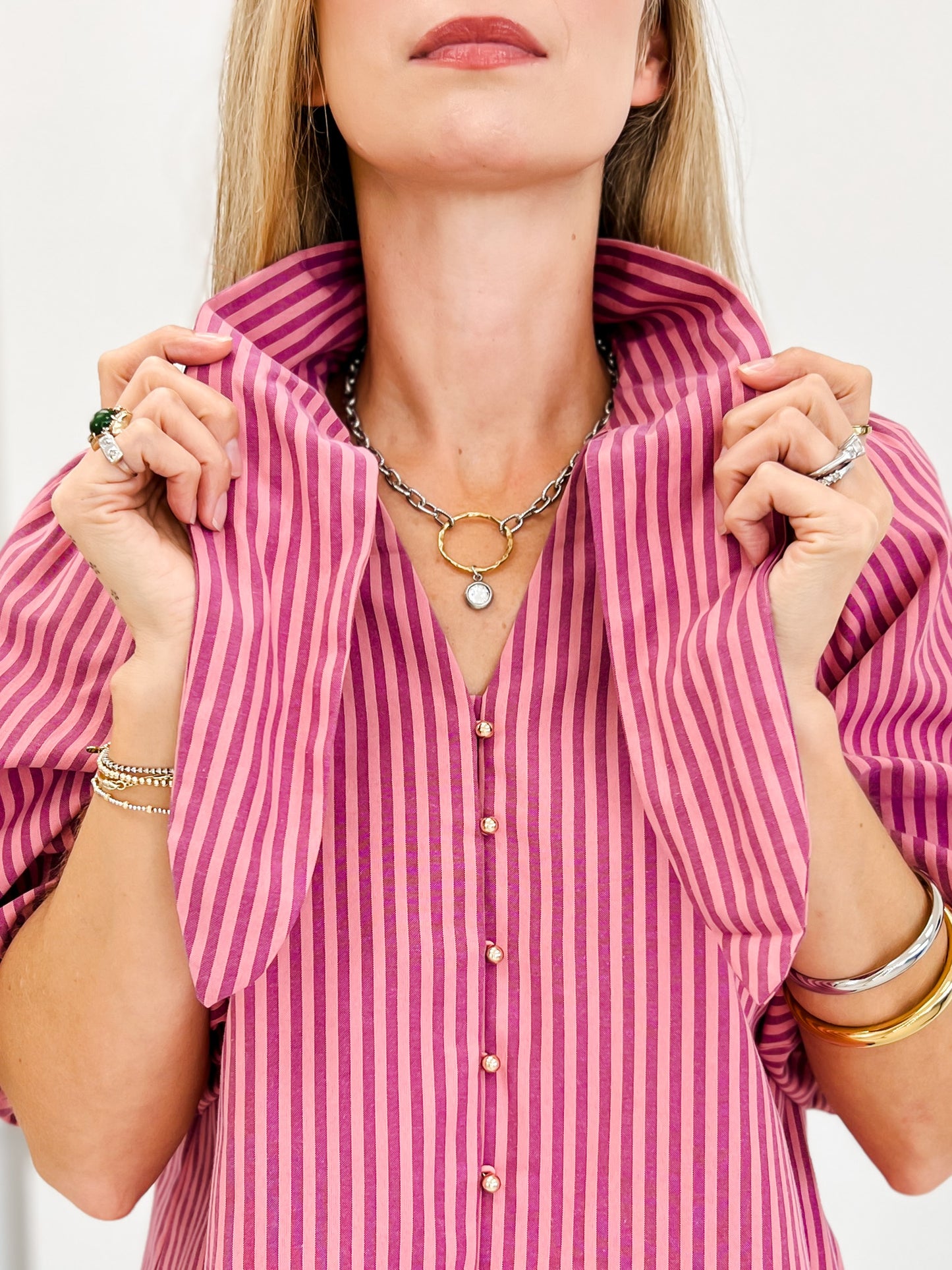Stripe Self-Tie Neck Short Puff Sleeve Top