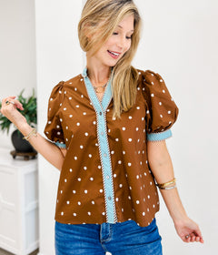 Polka Dot Short Puff Sleeve Top With Contrast Rim Detail