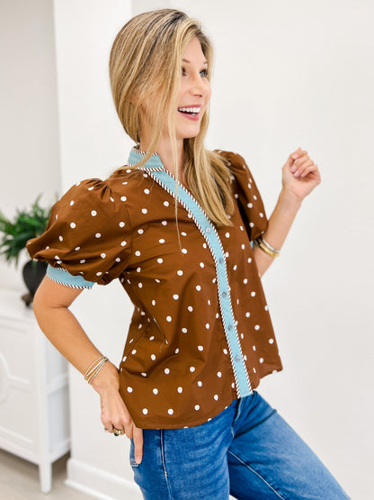 Polka Dot Short Puff Sleeve Top With Contrast Rim Detail