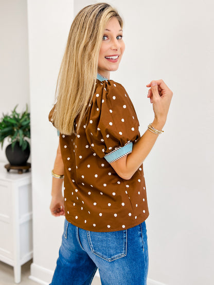 Polka Dot Short Puff Sleeve Top With Contrast Rim Detail