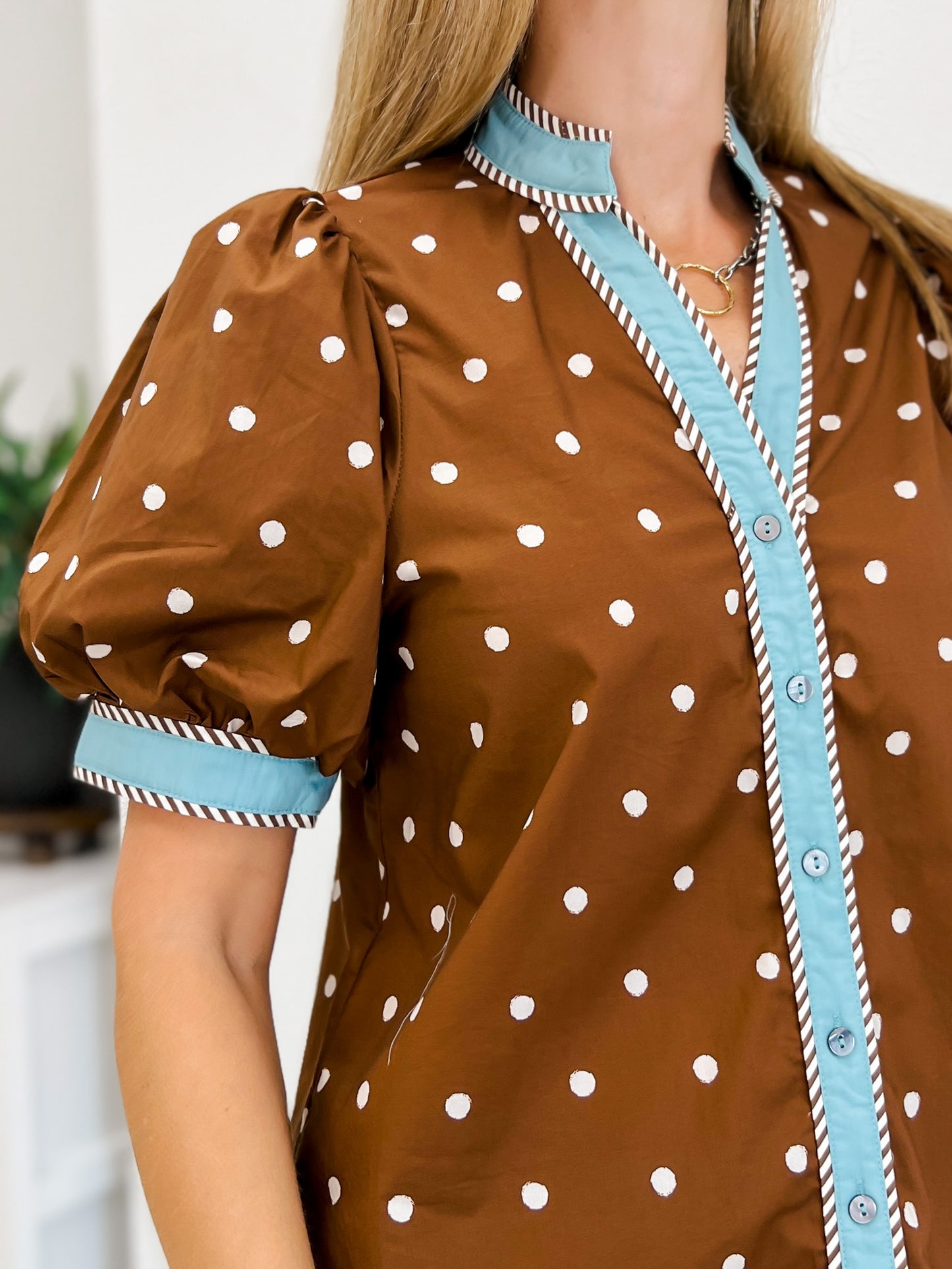 Polka Dot Short Puff Sleeve Top With Contrast Rim Detail