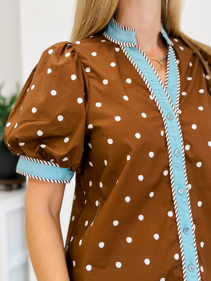 Polka Dot Short Puff Sleeve Top With Contrast Rim Detail