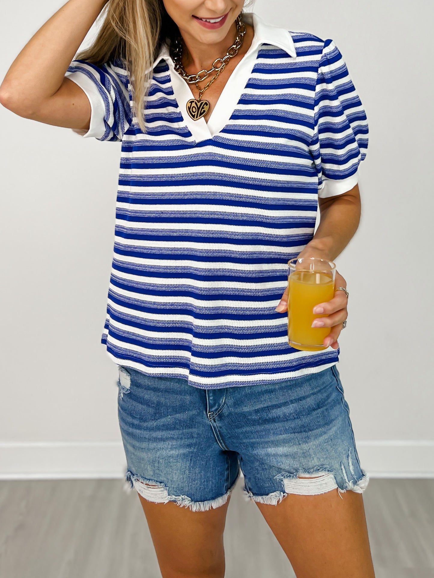Striped Top with Open Collared Neck and Puff Short Sleeves