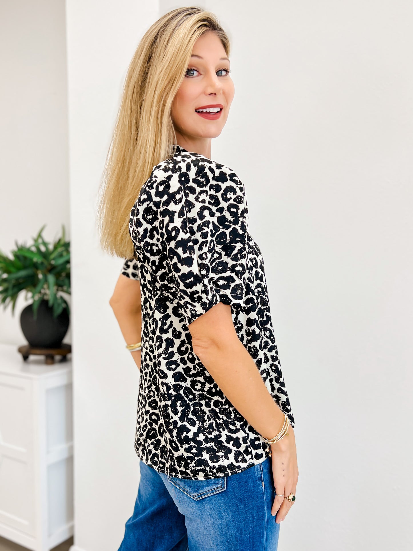 Short Sleeve Collard Blouse With Embellished Buttons