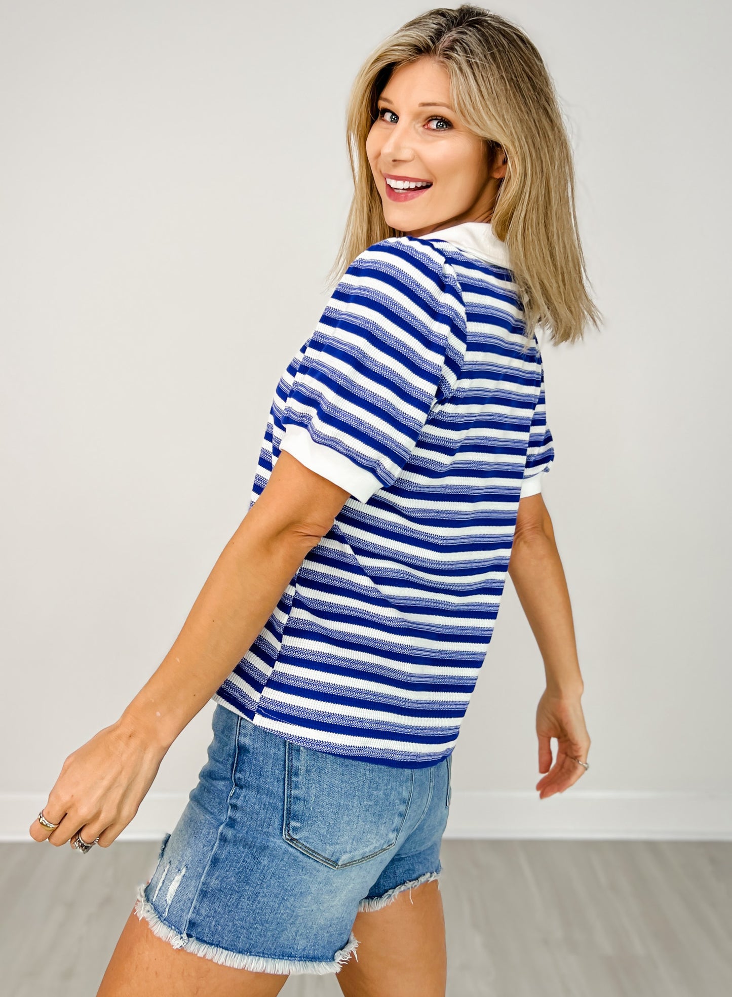 Striped Top with Open Collared Neck and Puff Short Sleeves