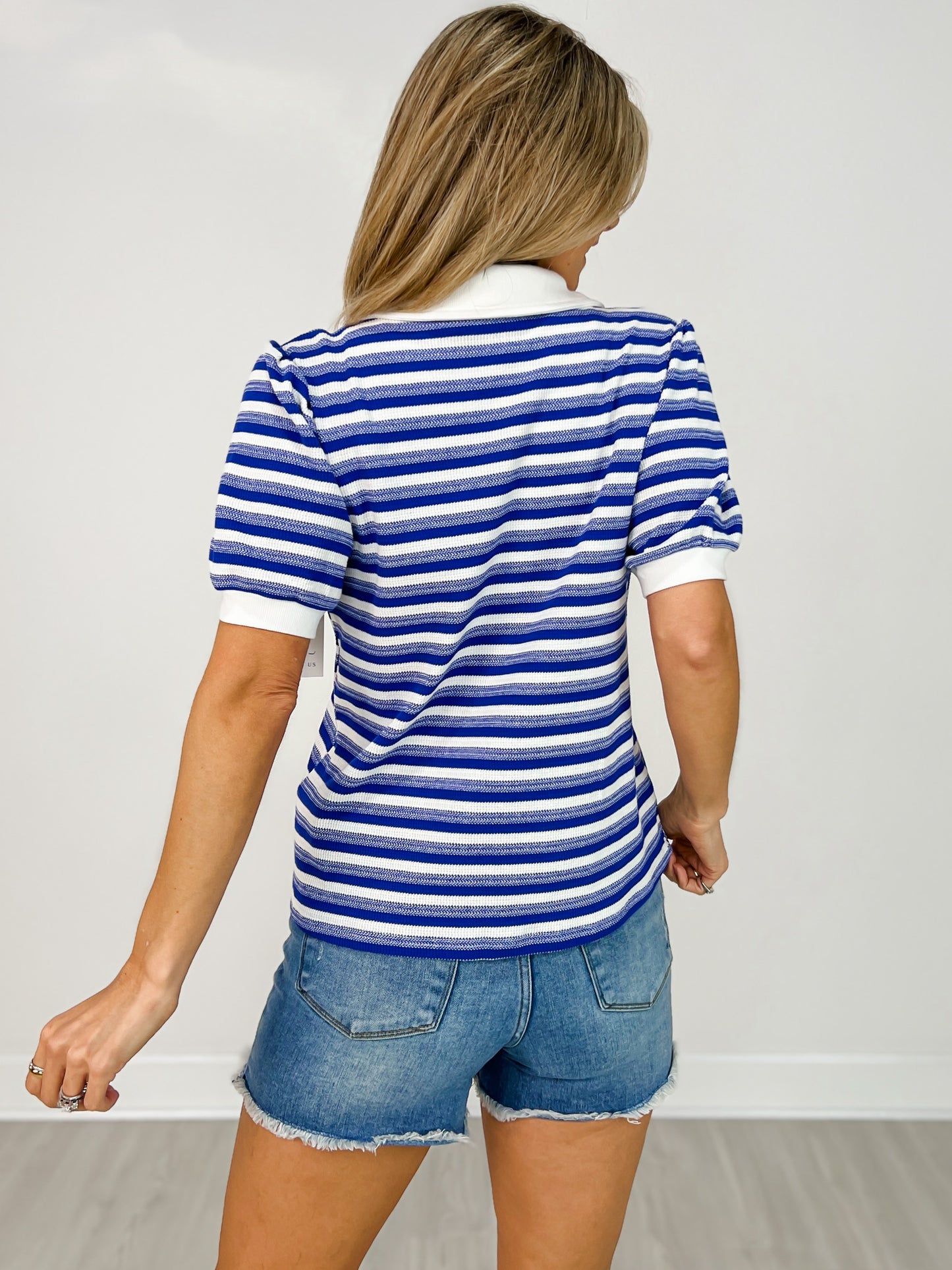 Striped Top with Open Collared Neck and Puff Short Sleeves