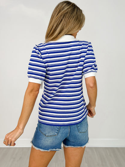 Striped Top with Open Collared Neck and Puff Short Sleeves